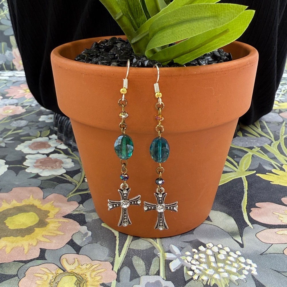 👑Adorned Crown Jewelry assemblage green crystal bead cross long earrings